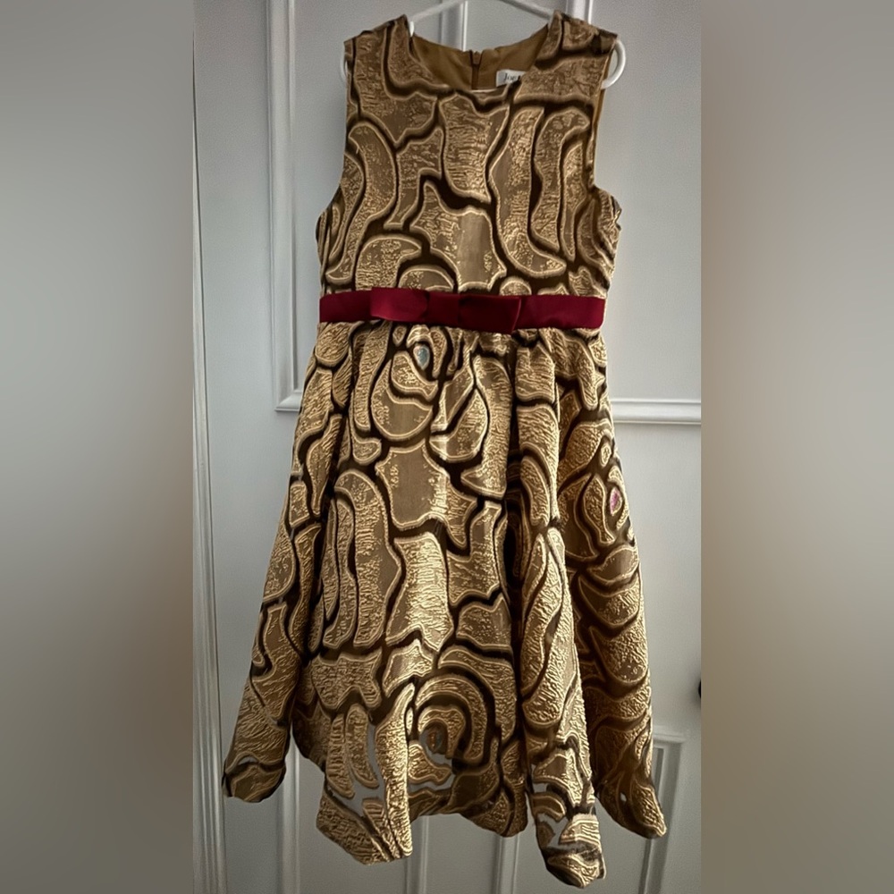 JOE ELLA- Gold Textured Dress with Burgundy Accent. Full Back Zipper.